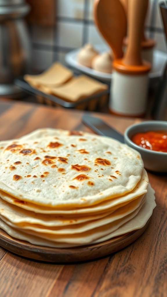 Homemade Butter Tortillas Recipe A stack of golden brown butter tortillas on a wooden table with a bowl of salsa.